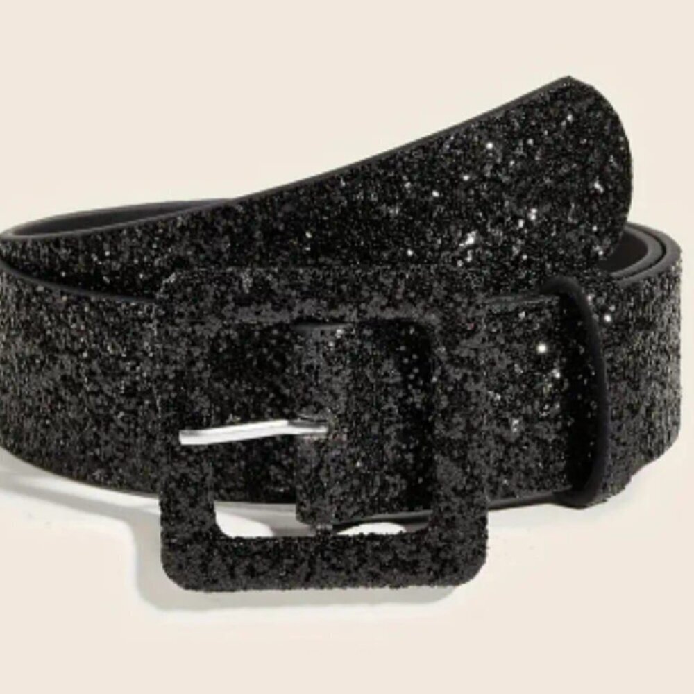 Glitter Black 39" Length Pleather Belt